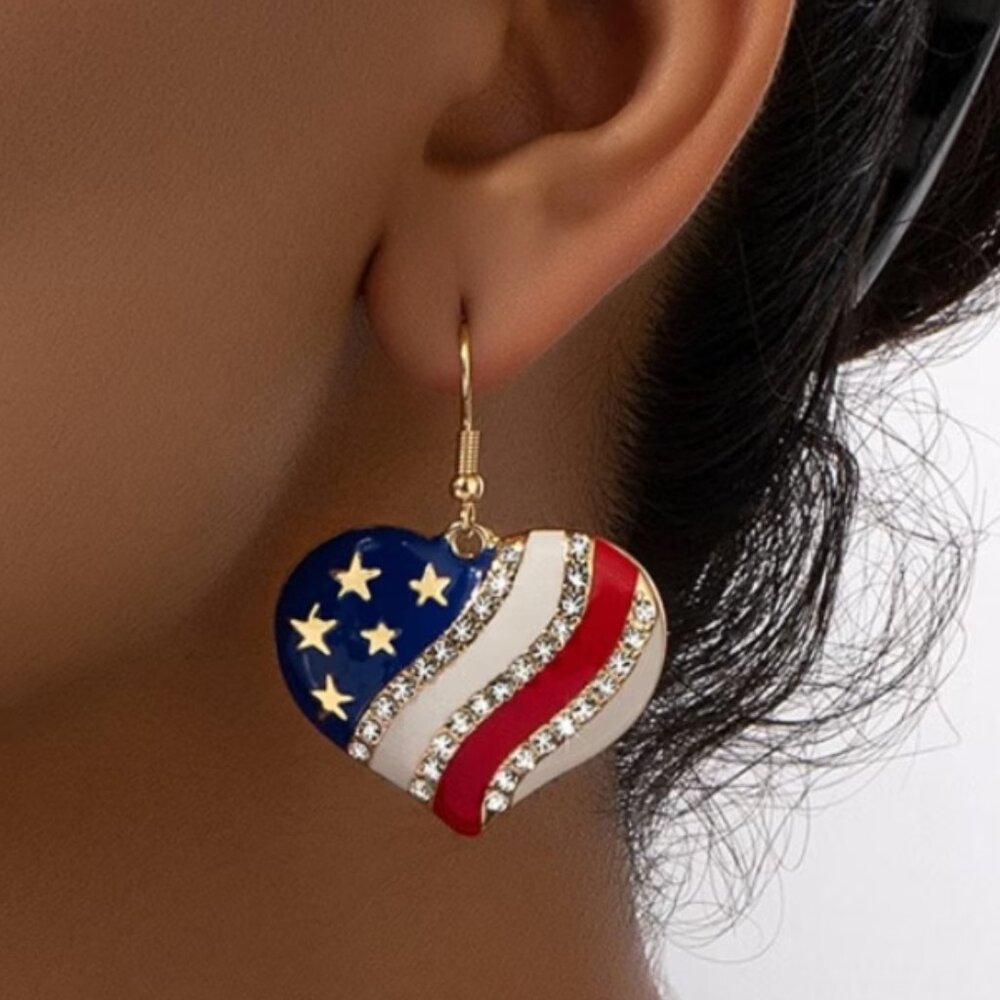 Enamel and rhinestone red white blue patriotic heart dangle earrings NEW
